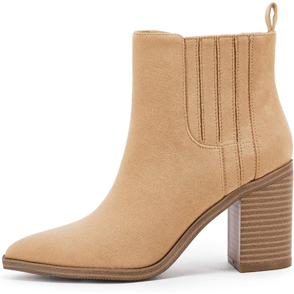 Womens Camel Faux Leather Slip on Pointed Toe Chunky Block Mid Heel Booties - Picture 5 of 6